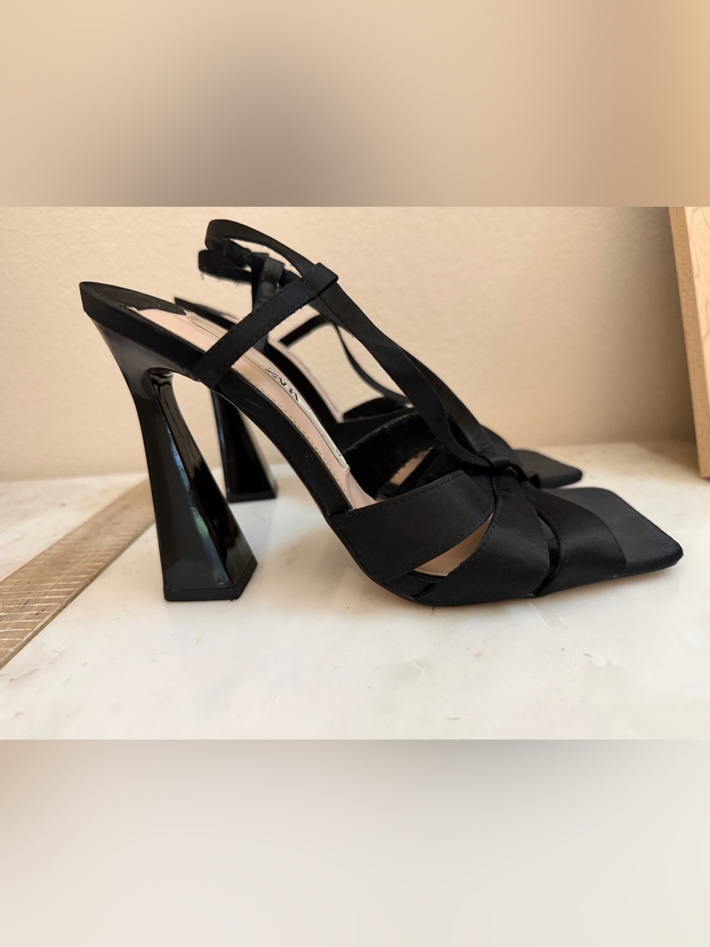Zara Black Satin Block Heels Size 40/US Size 9 Strappy Square Toe